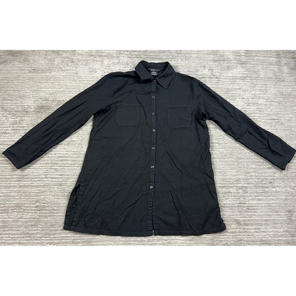 George Tunic Women L Black GL421005 Linen Blend Button Down Long Sleeve Pockets